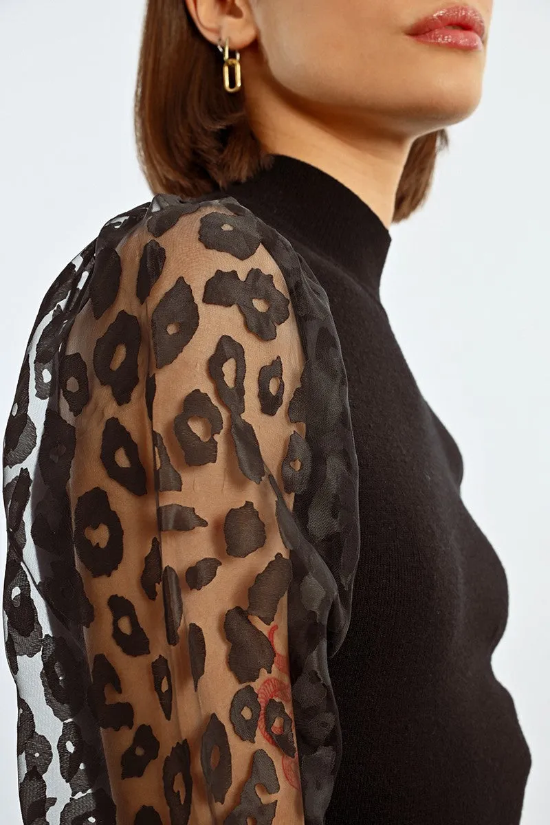 Black Jersey Dress with Sheer Animal Print Sleeves by Molly Bracken