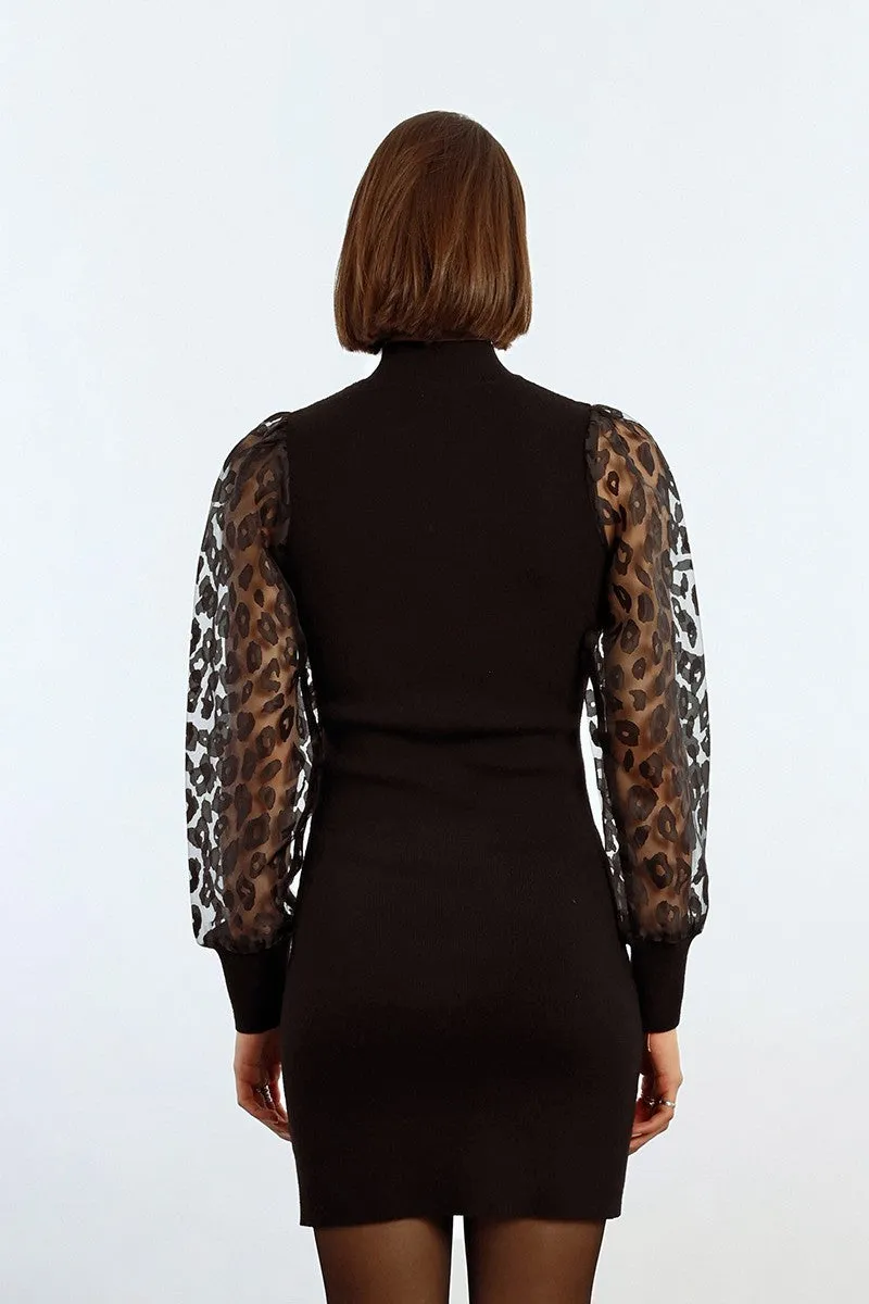 Black Jersey Dress with Sheer Animal Print Sleeves by Molly Bracken