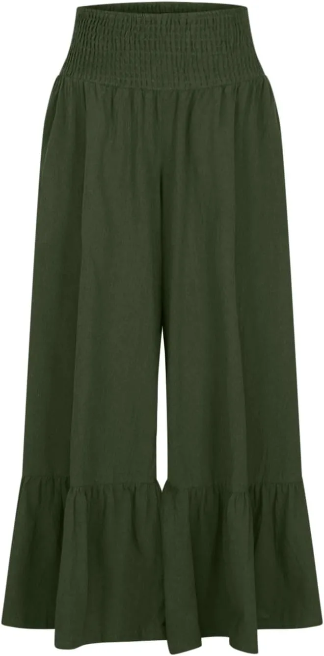 NATHGAM Women's Solid Wide Straight Leg Flared Pants Summer Lightweight Cotton Linen Elastic High Waist Soft Comfy Trousers