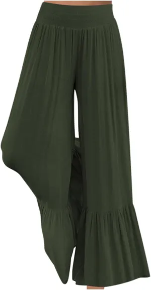 NATHGAM Women's Solid Wide Straight Leg Flared Pants Summer Lightweight Cotton Linen Elastic High Waist Soft Comfy Trousers