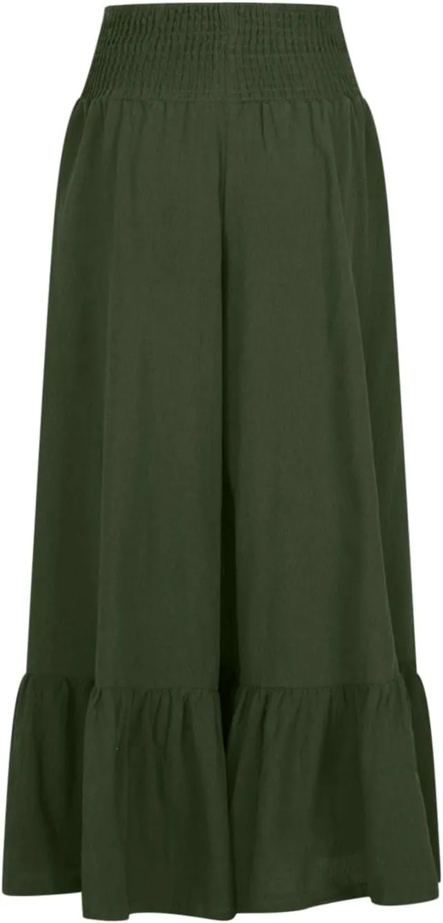 NATHGAM Women's Solid Wide Straight Leg Flared Pants Summer Lightweight Cotton Linen Elastic High Waist Soft Comfy Trousers