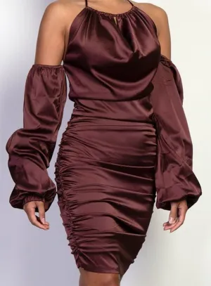 Off Shoulder Ruched Chocolate Dress