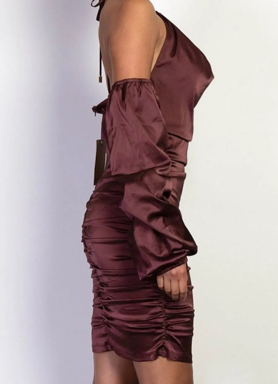 Off Shoulder Ruched Chocolate Dress