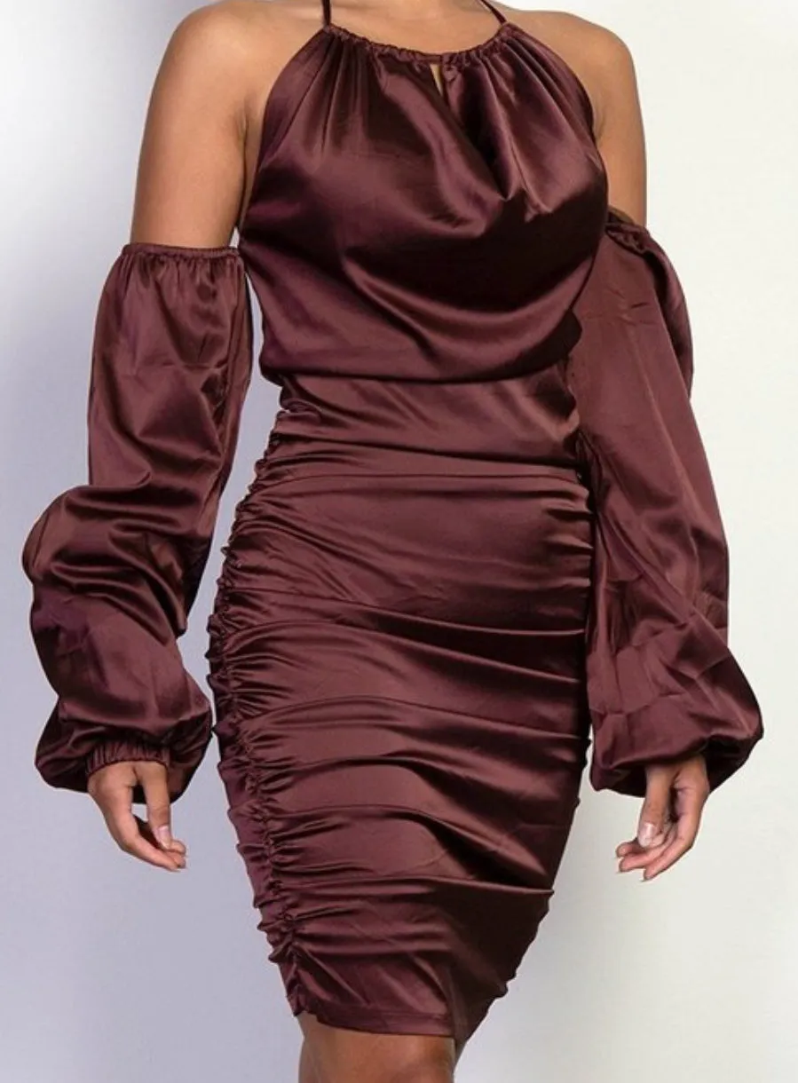 Off Shoulder Ruched Chocolate Dress