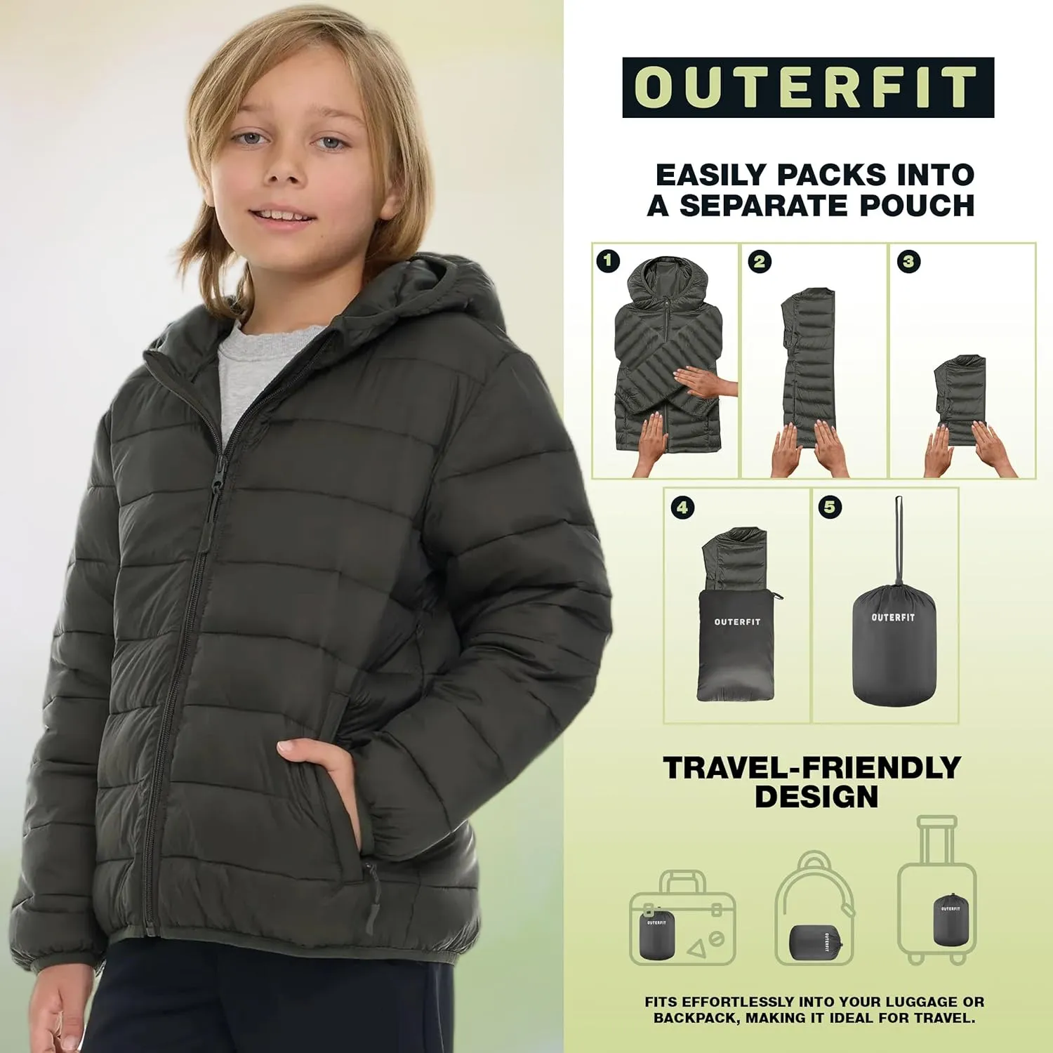 Packable Boys Puffer Jacket with Hood, Lightweight Boys Winter Jacket