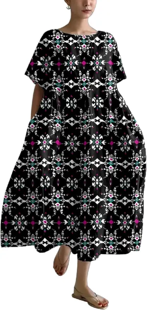 Plus Size Floral Maxi Dress for Women Summer Casual Short Sleeve Boho Dress Cotton Beach Sundresses with Pockets