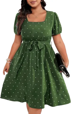 Plus Size Summer Dress for Women Elegant Retro Polka Dot Wasit Tie Dresses Short Sleeve Square Neck Swing Midi Dress