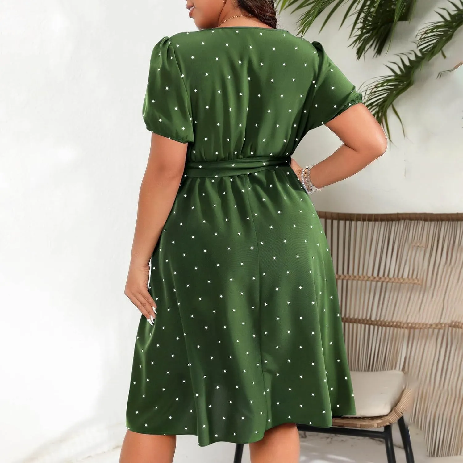 Plus Size Summer Dress for Women Elegant Retro Polka Dot Wasit Tie Dresses Short Sleeve Square Neck Swing Midi Dress