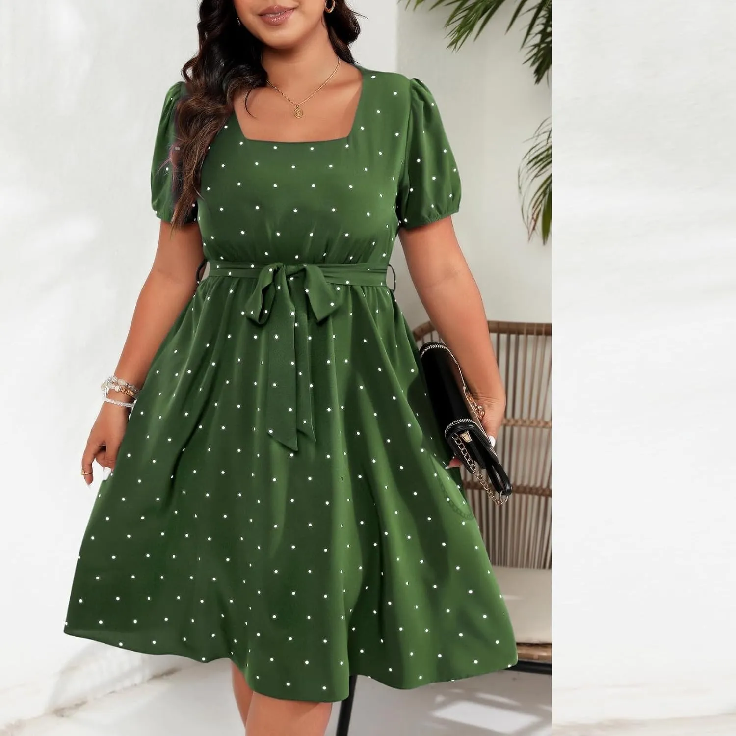 Plus Size Summer Dress for Women Elegant Retro Polka Dot Wasit Tie Dresses Short Sleeve Square Neck Swing Midi Dress