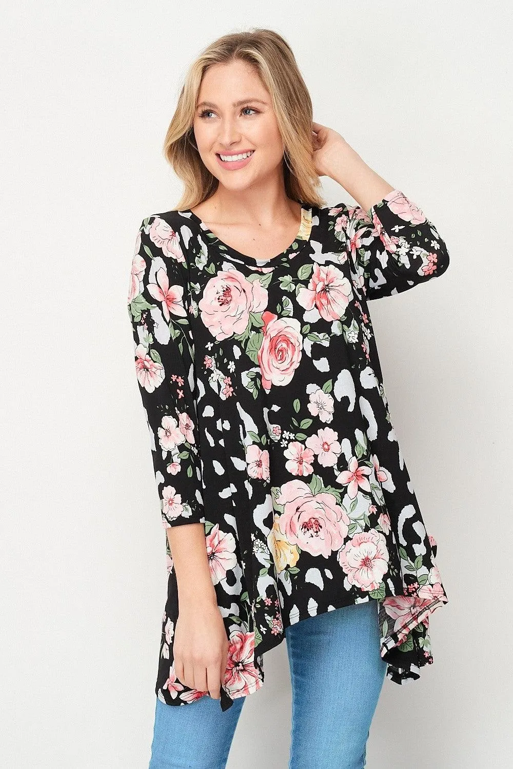 "Floating On Air" (Black) 3/4 Sleeve Shark Bite Hem
