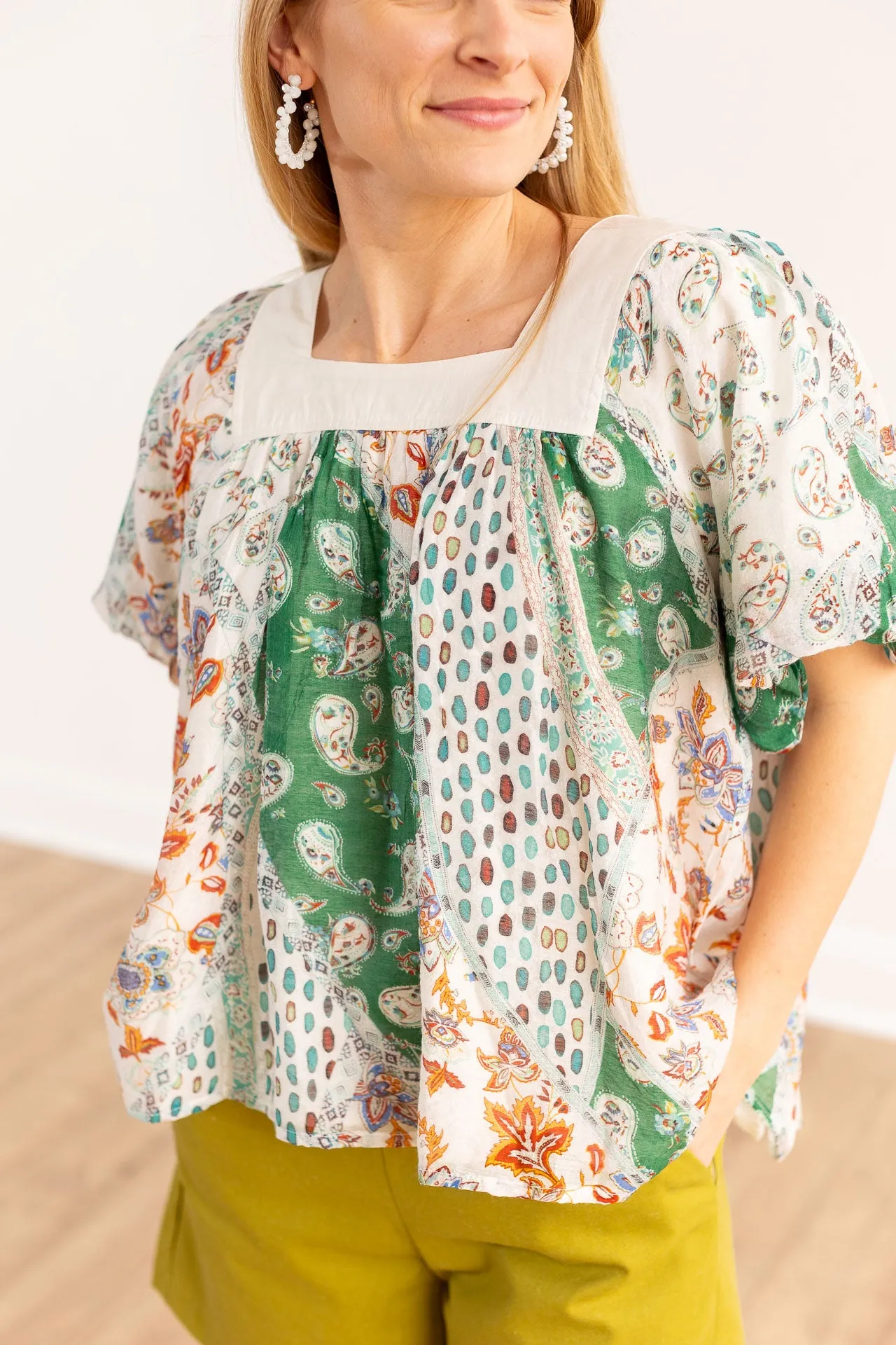 Rosemary Square Neck Boho Top, Green