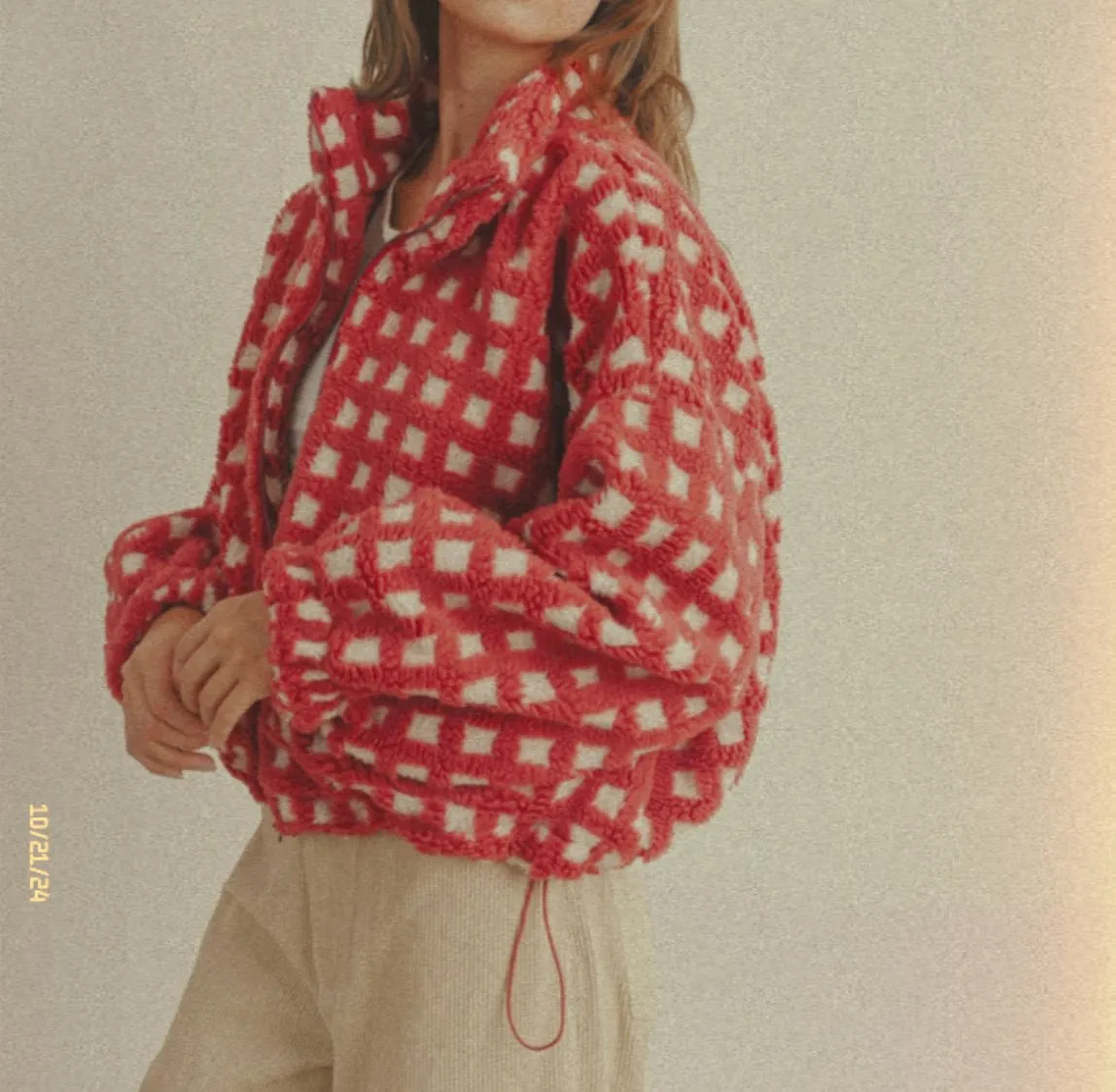 Red and White Sherpa-Lined Checkerboard Jacket