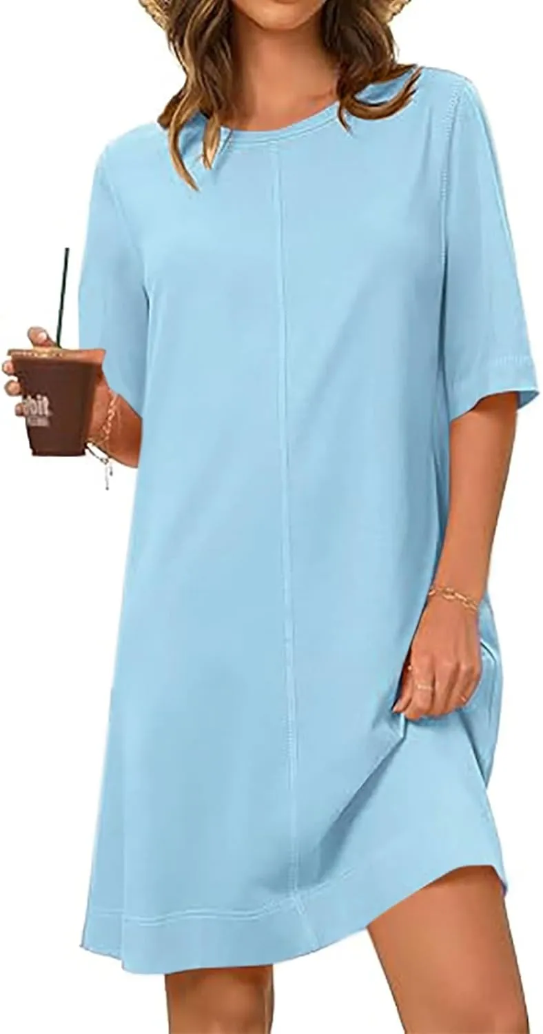 Short Sleeve Summer Mini Dress for Women Crewneck Fashion Casual Dress Flowy T Shirt Dresses Loose Vacation Sundress