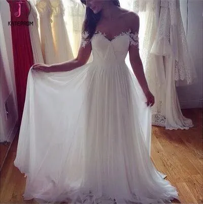 Simple A-Line Off-shoulder Long Appliques Wedding Dresses,Ivory Beach Wedding Dresses KPW0070