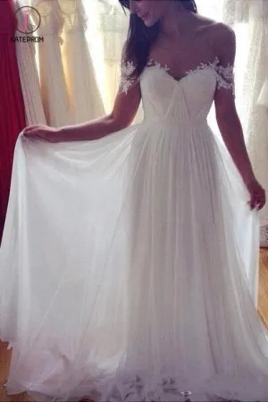 Simple A-Line Off-shoulder Long Appliques Wedding Dresses,Ivory Beach Wedding Dresses KPW0070