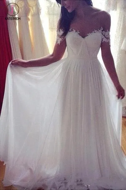 Simple A-Line Off-shoulder Long Appliques Wedding Dresses,Ivory Beach Wedding Dresses KPW0070