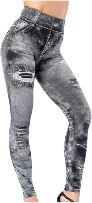Soft Denim Tie Dye Jeggings for Women High Waist Distressed Fake Jeans Legging with Pockets High Waisted Yoga Pants