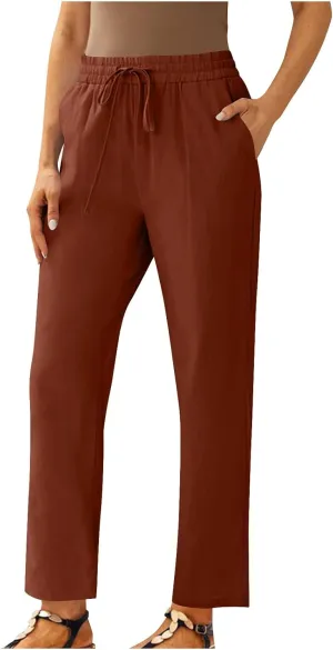Straight Leg Linen Pants for Women Soft Casual Drawstring Tie Elastic Waist Loose Pant Pocketed Summer Beach Trouser