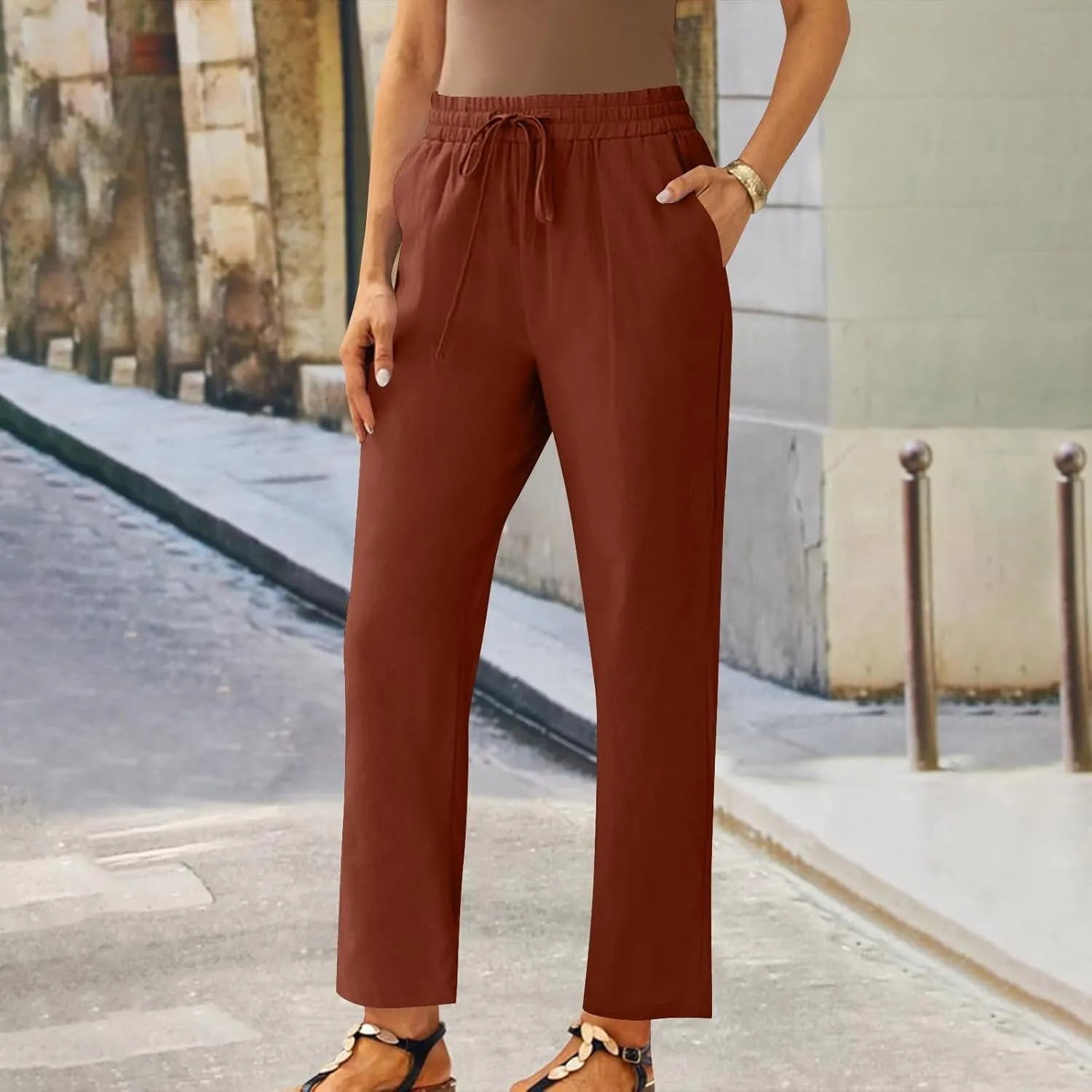 Straight Leg Linen Pants for Women Soft Casual Drawstring Tie Elastic Waist Loose Pant Pocketed Summer Beach Trouser