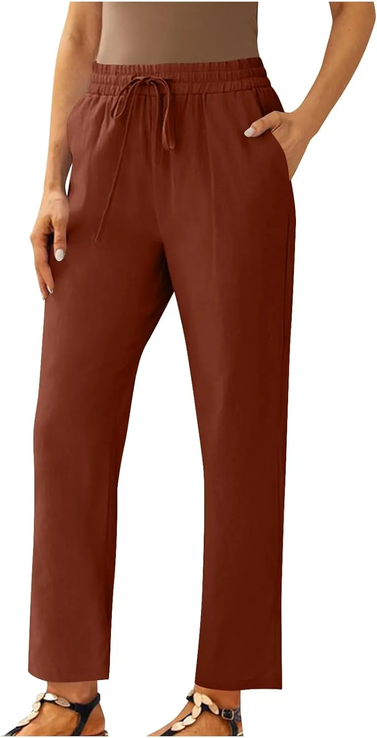 Straight Leg Linen Pants for Women Soft Casual Drawstring Tie Elastic Waist Loose Pant Pocketed Summer Beach Trouser