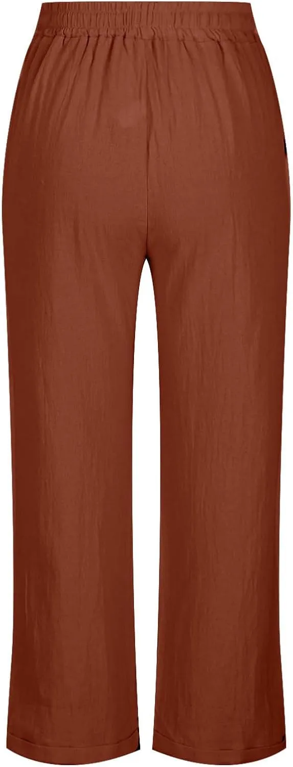Straight Leg Linen Pants for Women Soft Casual Drawstring Tie Elastic Waist Loose Pant Pocketed Summer Beach Trouser