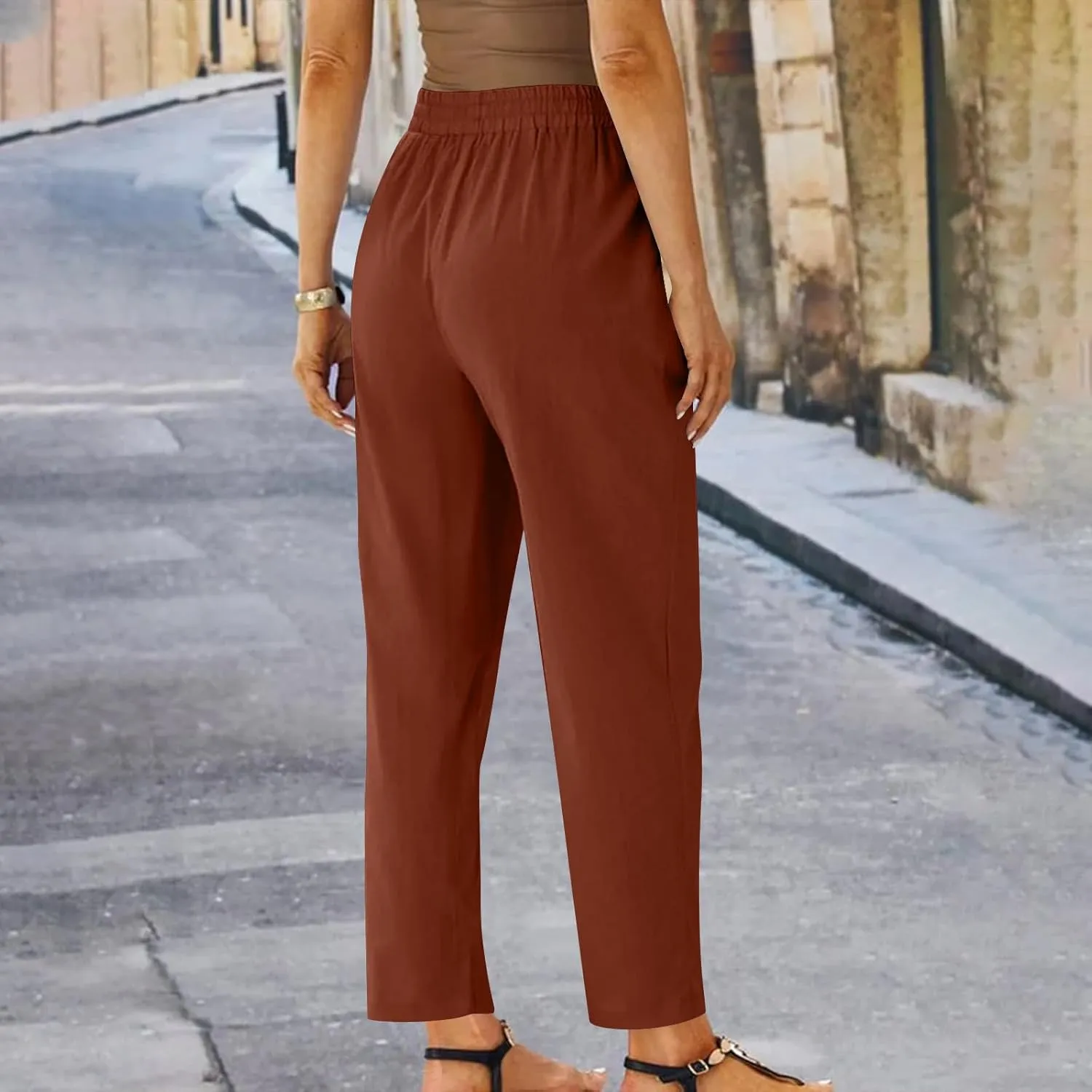 Straight Leg Linen Pants for Women Soft Casual Drawstring Tie Elastic Waist Loose Pant Pocketed Summer Beach Trouser
