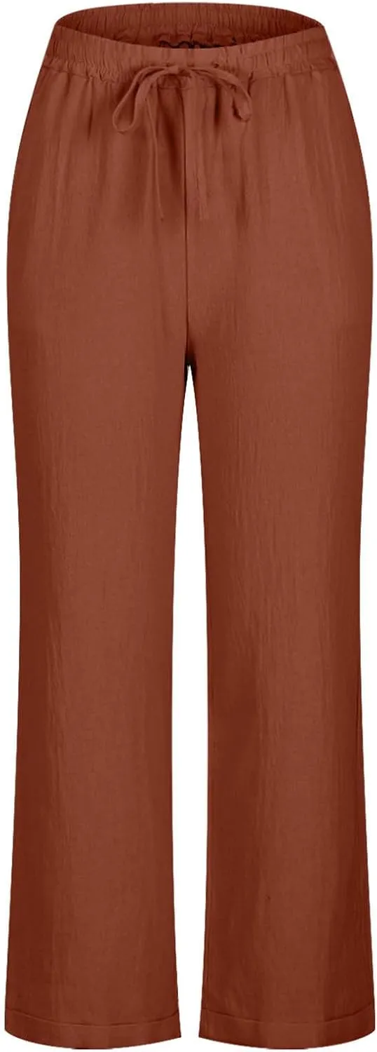 Straight Leg Linen Pants for Women Soft Casual Drawstring Tie Elastic Waist Loose Pant Pocketed Summer Beach Trouser