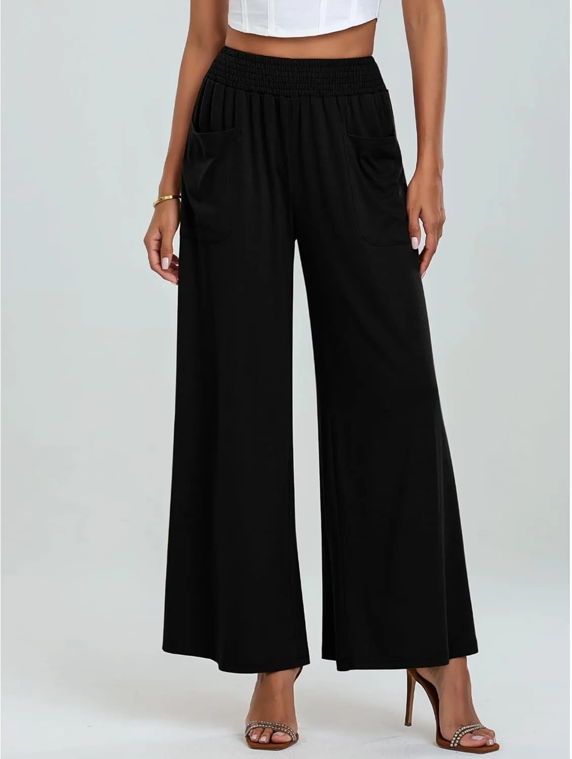 Summer Linen Pants Women Lightweight Comfy Wide Leg Pants Soft Casual Elastic Waisted Palazzo Trousers with Pockets