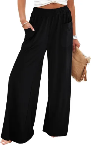 Summer Linen Pants Women Lightweight Comfy Wide Leg Pants Soft Casual Elastic Waisted Palazzo Trousers with Pockets