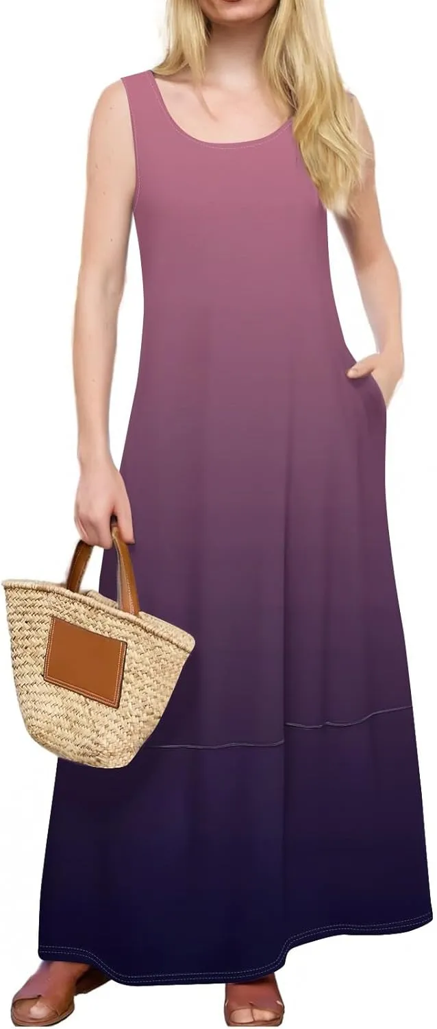 Summer Maxi Dress Women's 2025 Summer Casual Maxi Sundress Beach Gradient Crew Neck Sleeveless Loose Tank Dress