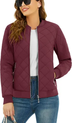 TACVASEN Women's Diamond Quilted Jackets Lightweight Casual Bomber Jacket Warm Winter Coats Full Zip with Pockets
