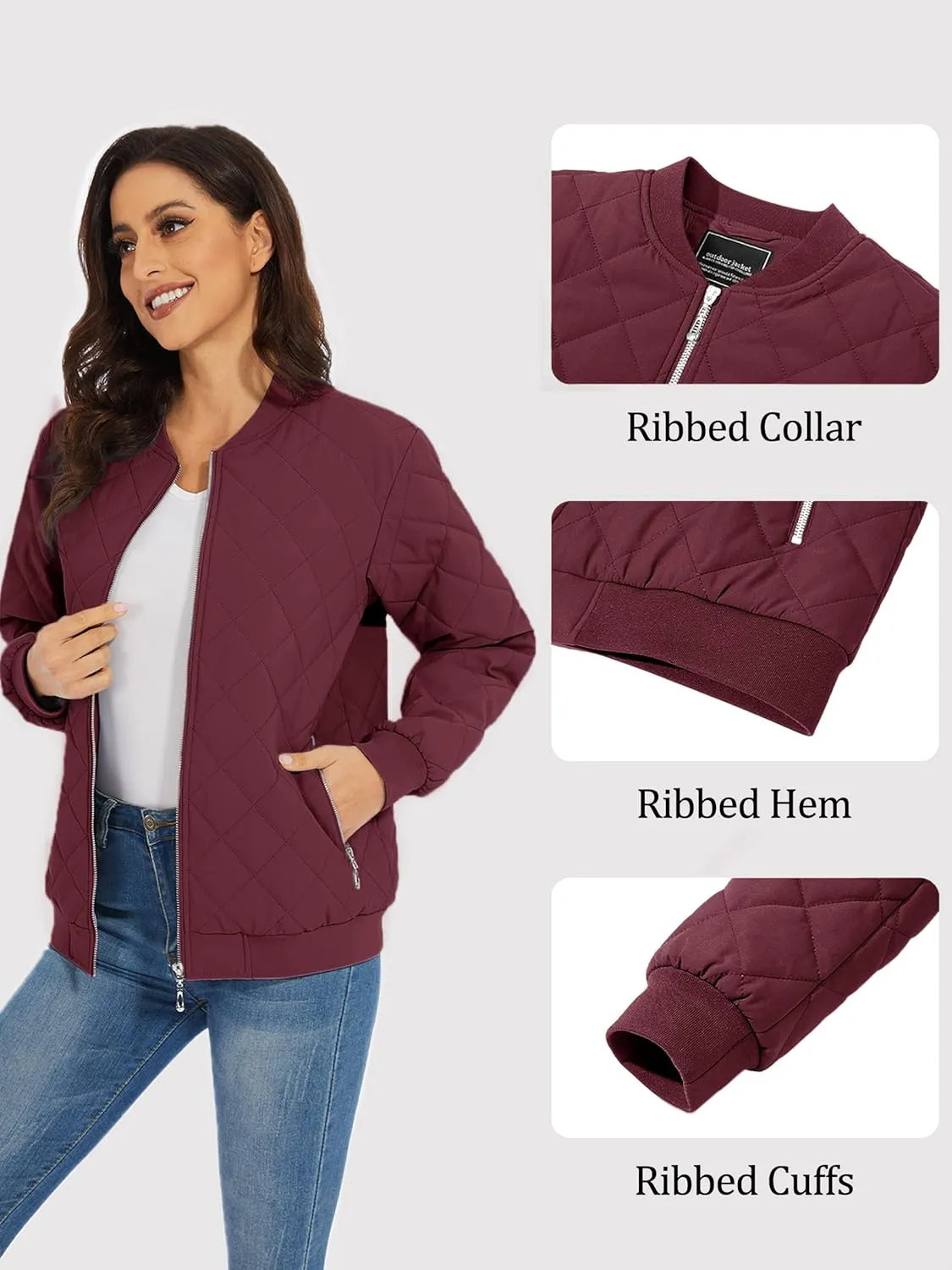 TACVASEN Women's Diamond Quilted Jackets Lightweight Casual Bomber Jacket Warm Winter Coats Full Zip with Pockets