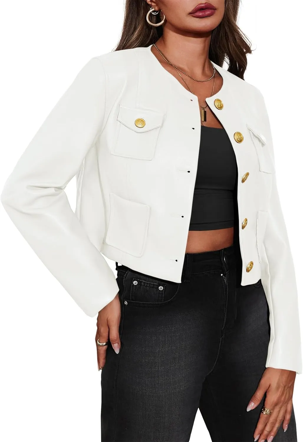 Tankaneo Womens Faux Leather Jackets Cropped Casual Motorcycle Biker Button Down Coat with Chest Pocktes