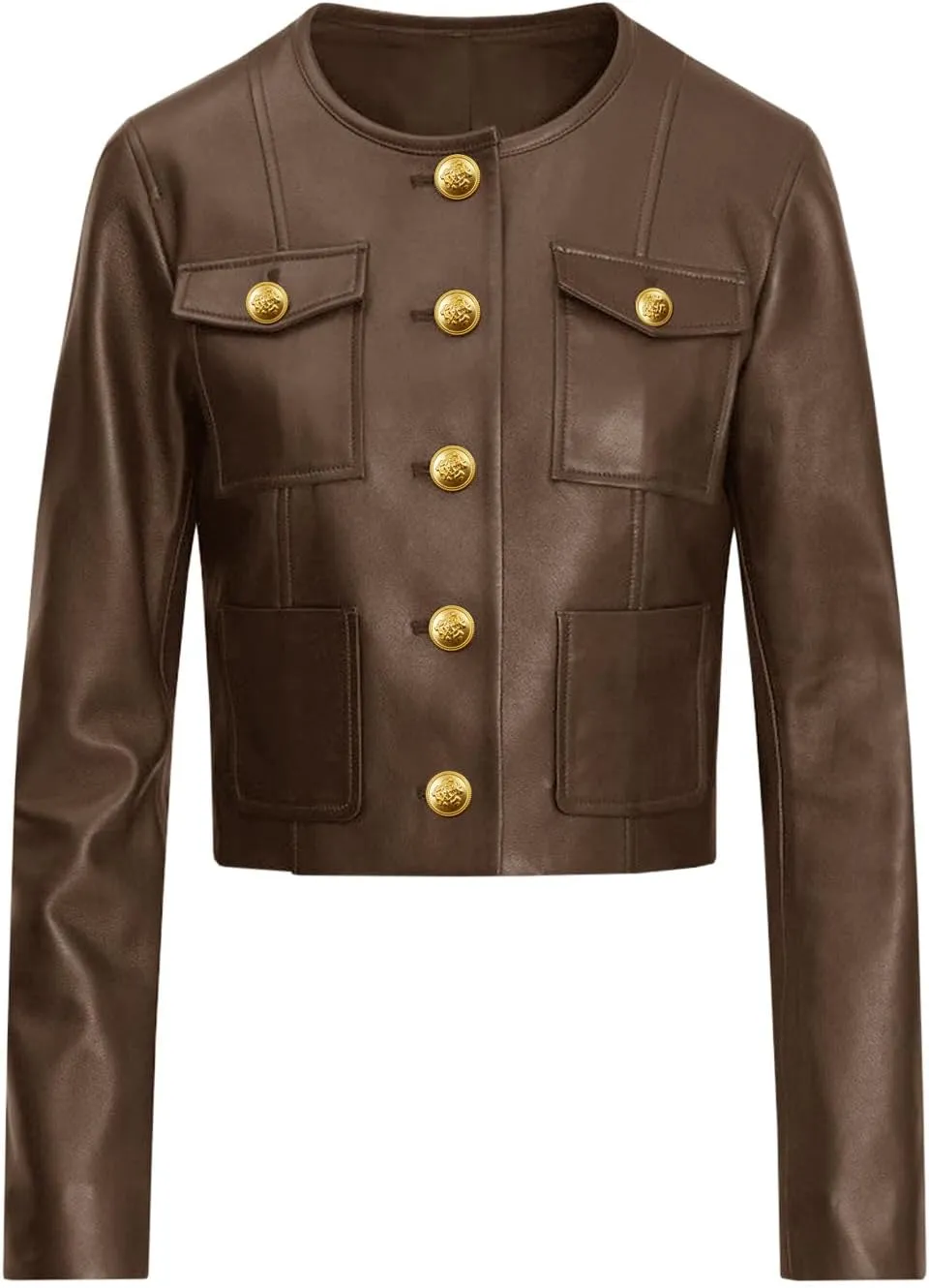 Tankaneo Womens Faux Leather Jackets Cropped Casual Motorcycle Biker Button Down Coat with Chest Pocktes