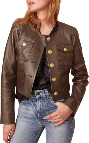 Tankaneo Womens Faux Leather Jackets Cropped Casual Motorcycle Biker Button Down Coat with Chest Pocktes