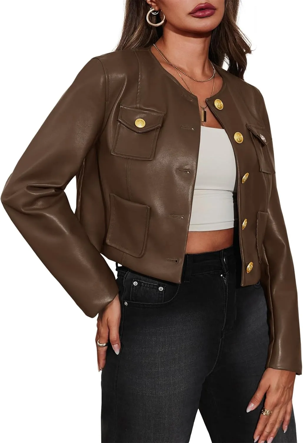 Tankaneo Womens Faux Leather Jackets Cropped Casual Motorcycle Biker Button Down Coat with Chest Pocktes