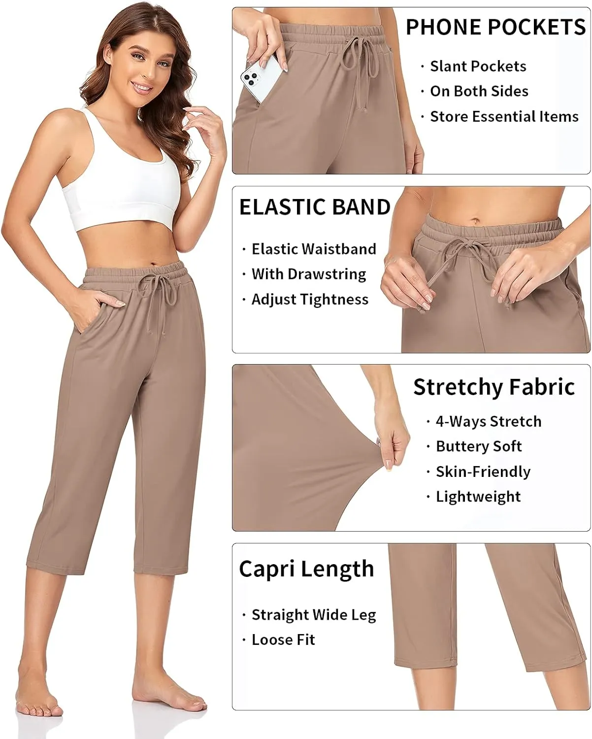 TARSE Women's Capri Yoga Pants Loose Soft Drawstring Workout Sweatpants Causal Lounge Pants with Pockets
