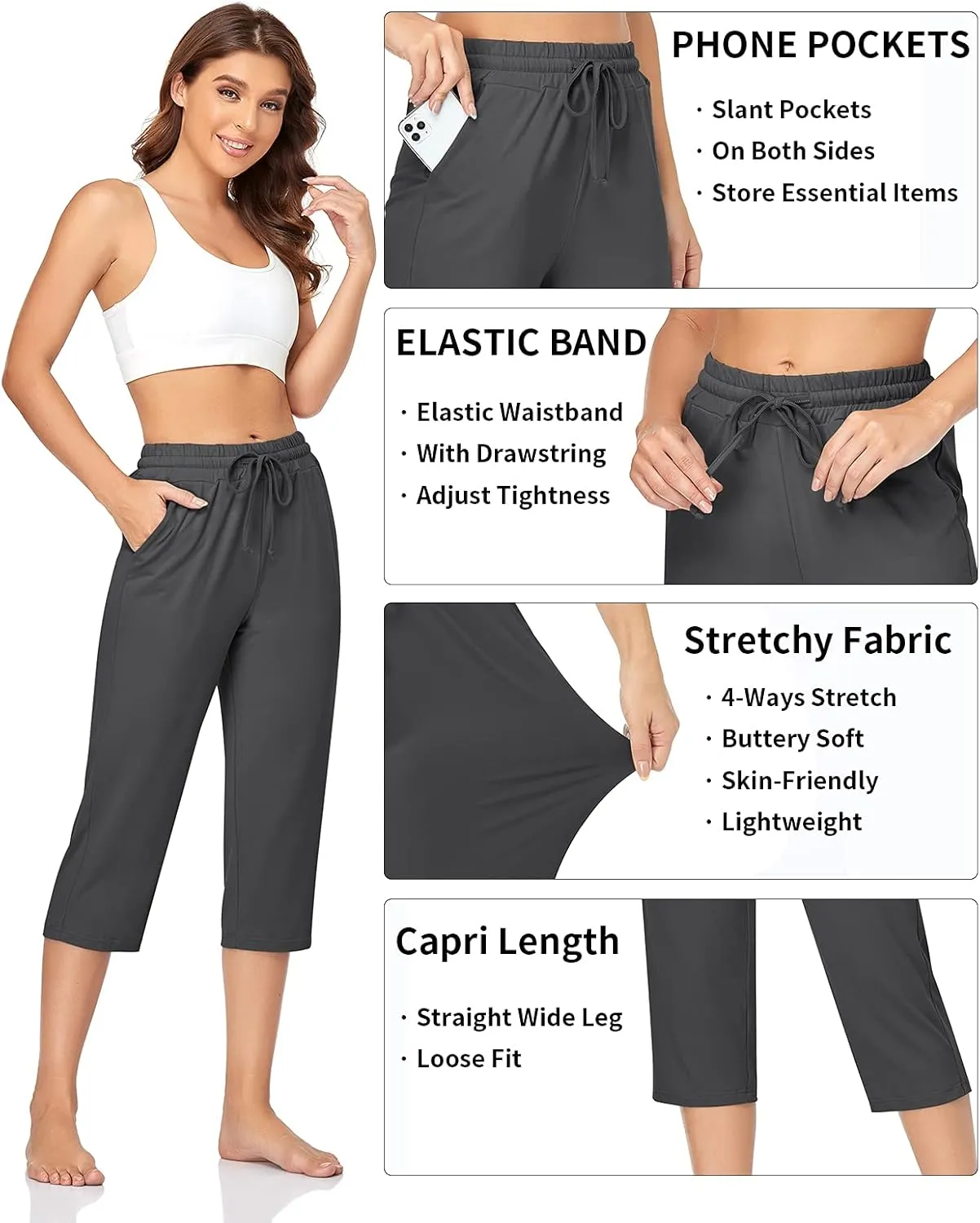 TARSE Women's Capri Yoga Pants Loose Soft Drawstring Workout Sweatpants Causal Lounge Pants with Pockets