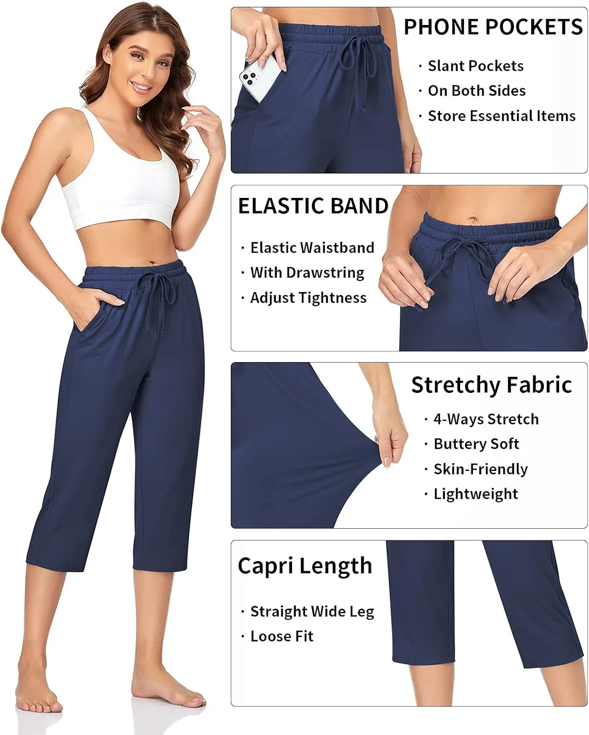 TARSE Women's Capri Yoga Pants Loose Soft Drawstring Workout Sweatpants Causal Lounge Pants with Pockets