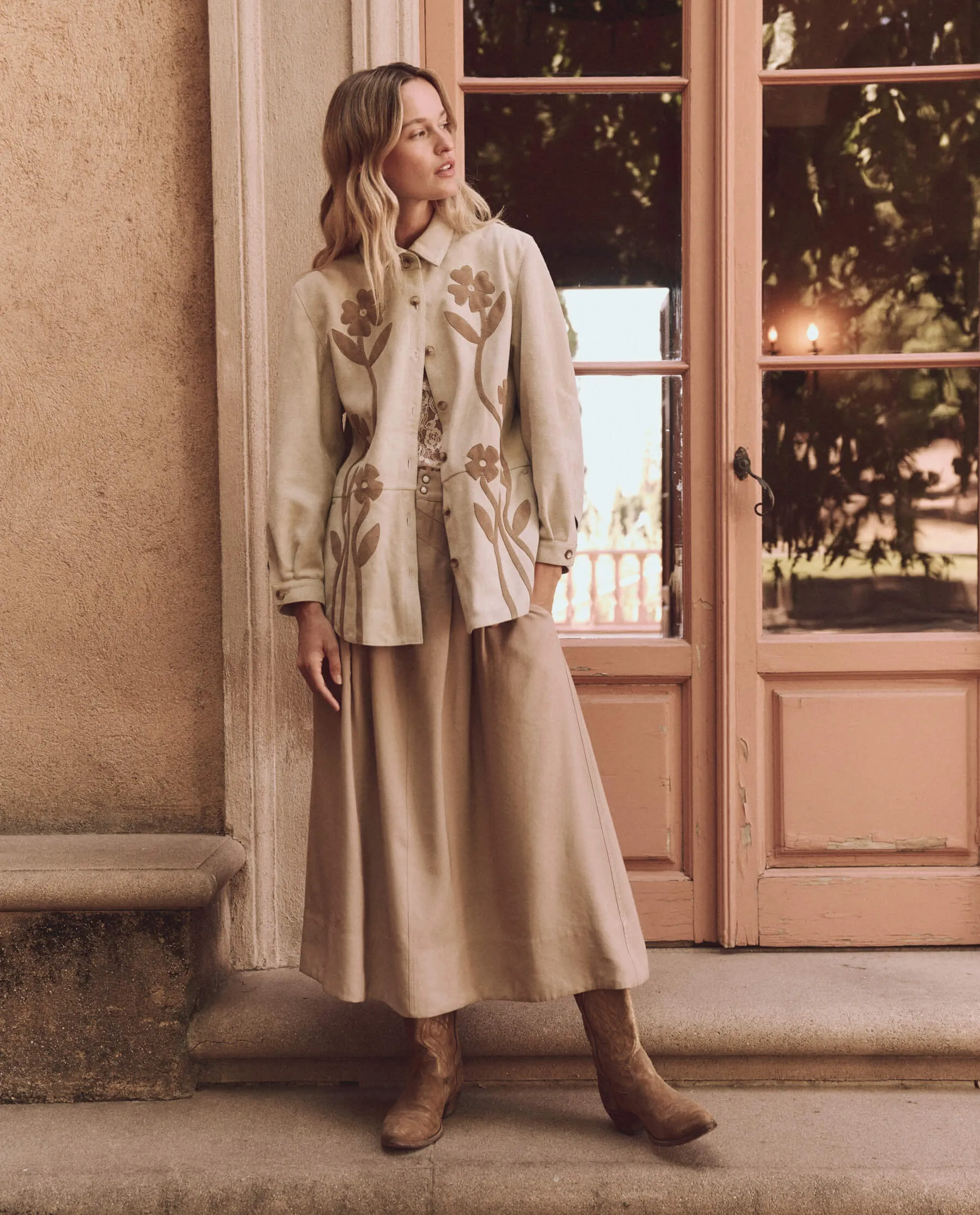 The Floral Applique Suede Jacket. -- Tonal Desert Tan