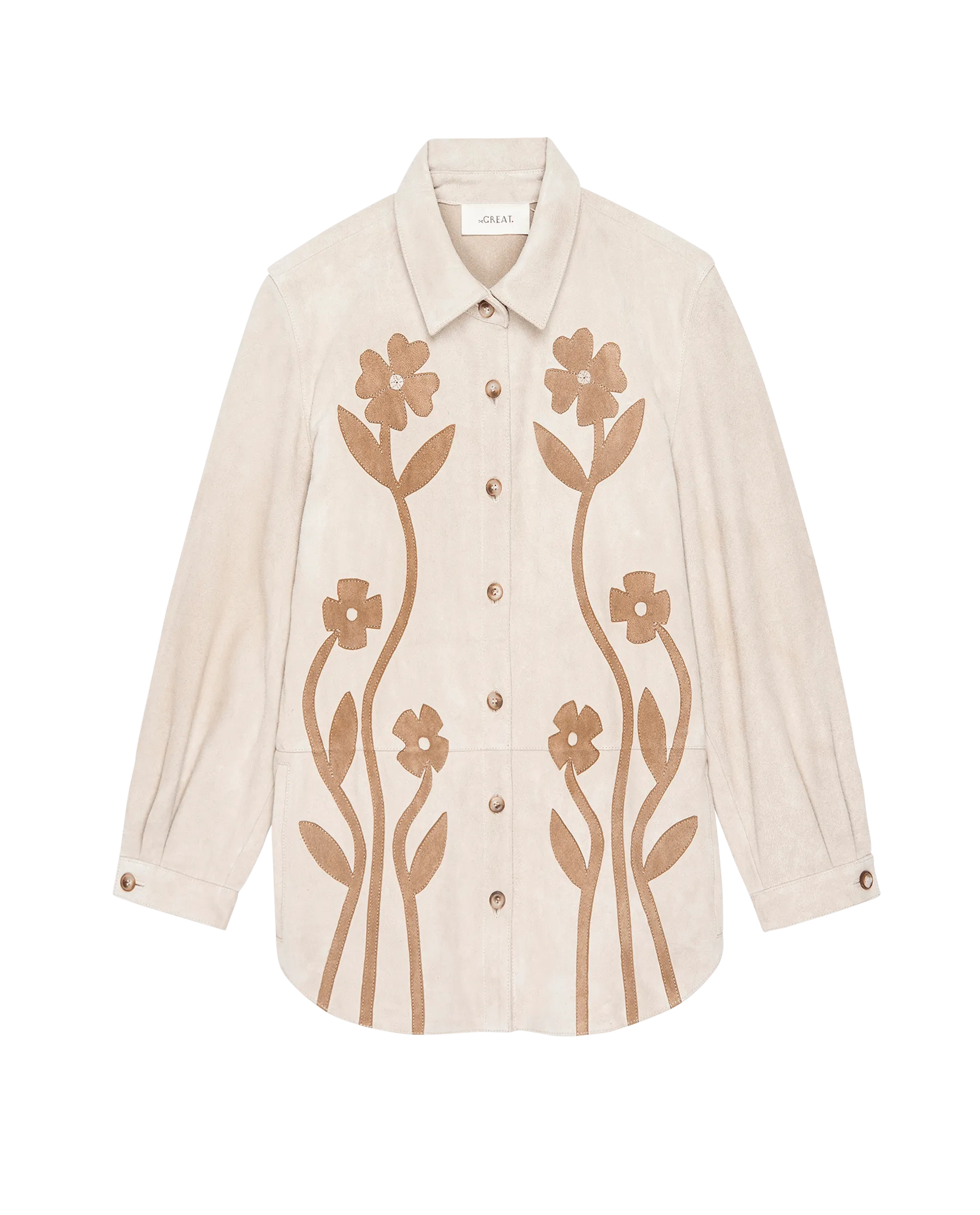 The Floral Applique Suede Jacket. -- Tonal Desert Tan