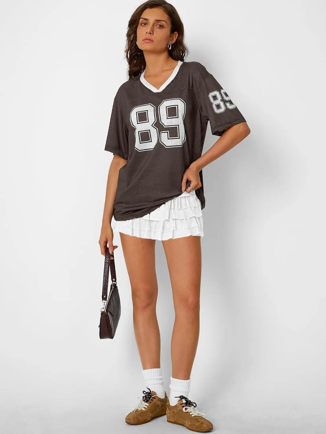 Trendy Queen Jersey Shirts for Women V Neck Oversized Tshirts Y2K Graphic Tees 2025 Summer Short Sleeve Plus Size Tops