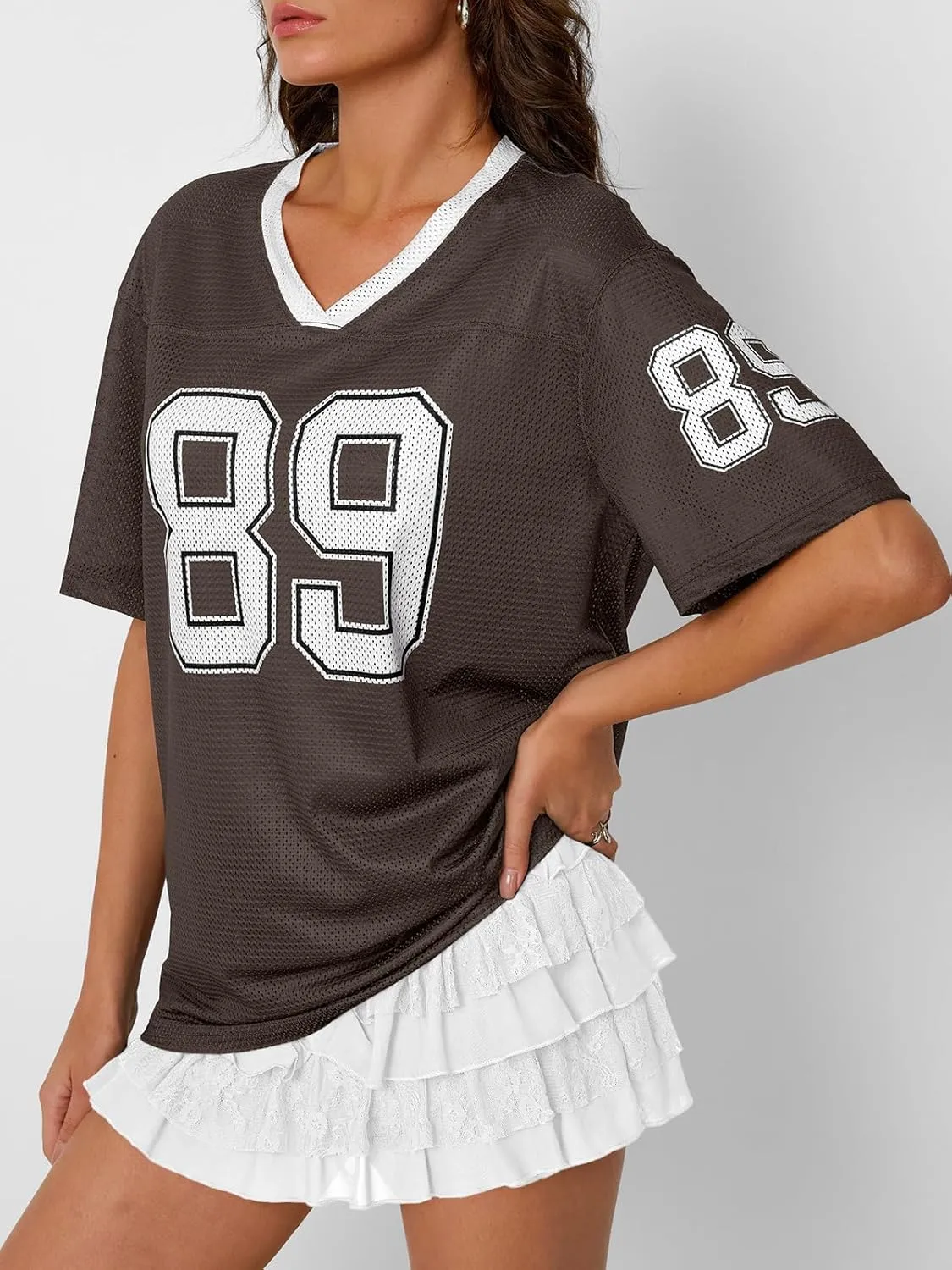Trendy Queen Jersey Shirts for Women V Neck Oversized Tshirts Y2K Graphic Tees 2025 Summer Short Sleeve Plus Size Tops