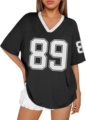 Trendy Queen Jersey Shirts for Women V Neck Oversized Tshirts Y2K Graphic Tees 2025 Summer Short Sleeve Plus Size Tops
