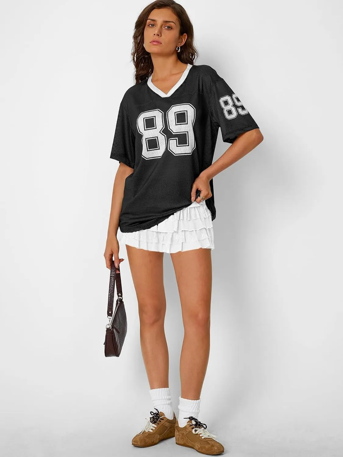 Trendy Queen Jersey Shirts for Women V Neck Oversized Tshirts Y2K Graphic Tees 2025 Summer Short Sleeve Plus Size Tops