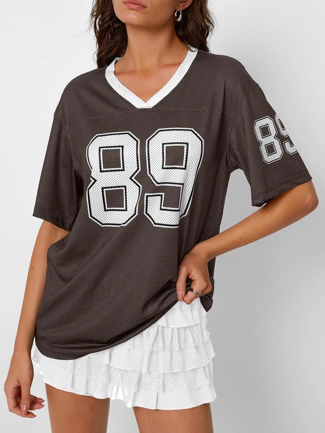 Trendy Queen Jersey Shirts for Women V Neck Oversized Tshirts Y2K Graphic Tees 2025 Summer Short Sleeve Plus Size Tops