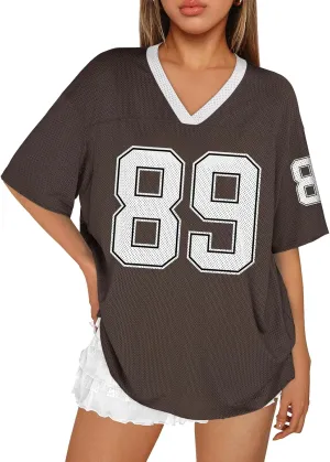 Trendy Queen Jersey Shirts for Women V Neck Oversized Tshirts Y2K Graphic Tees 2025 Summer Short Sleeve Plus Size Tops