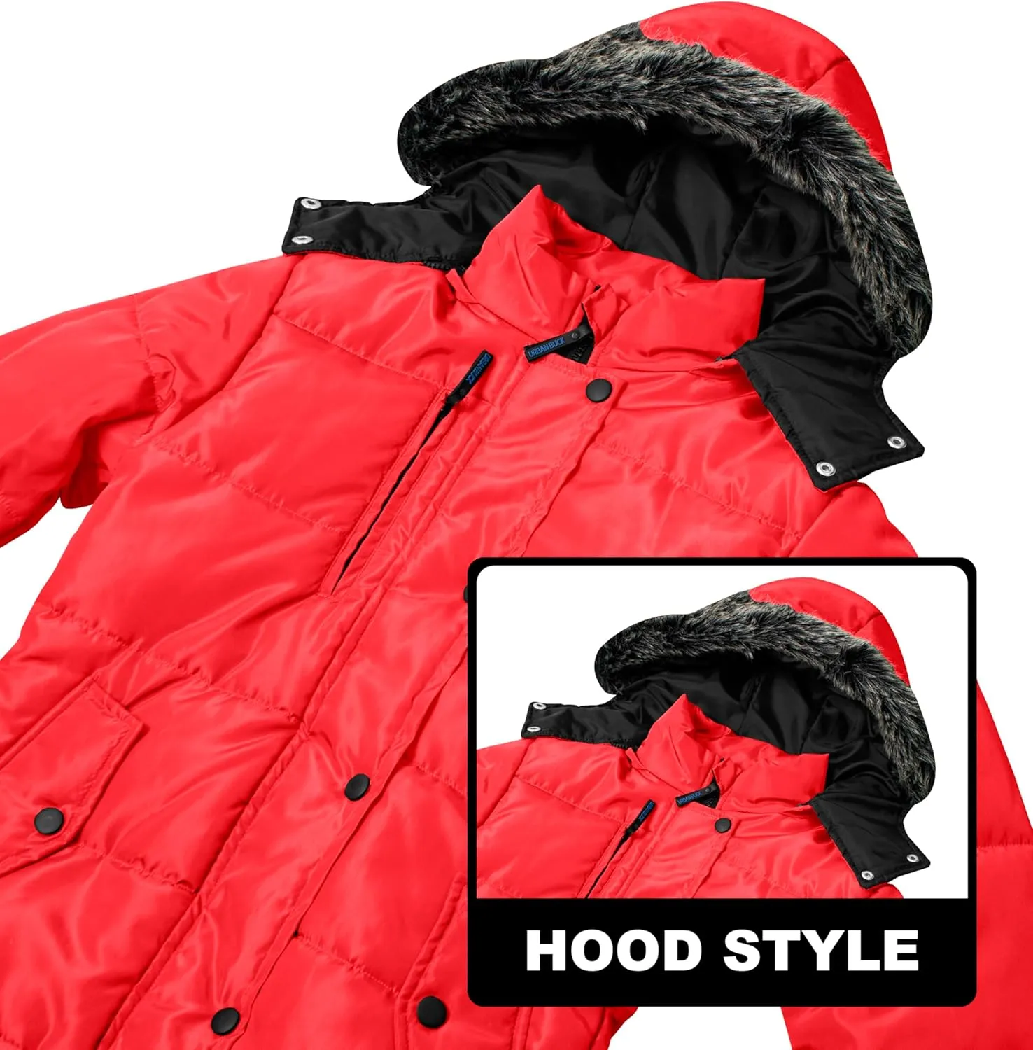 URBAN BUCK Puffer Jackets for Women Faux Fur Trimmed Hood Windproof Midweight Leona Water Repellent Women Winter Camping Coat