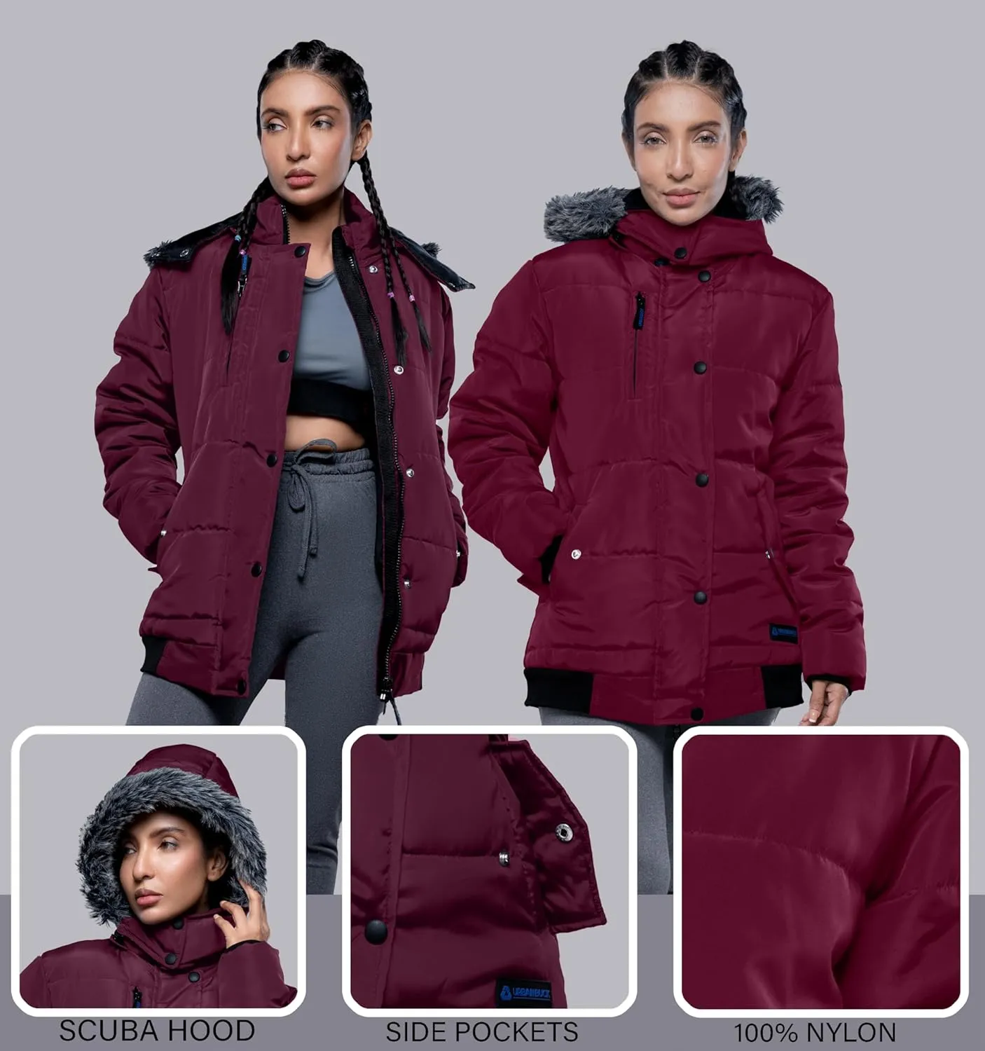 URBAN BUCK Puffer Jackets for Women Faux Fur Trimmed Hood Windproof Midweight Leona Water Repellent Women Winter Camping Coat