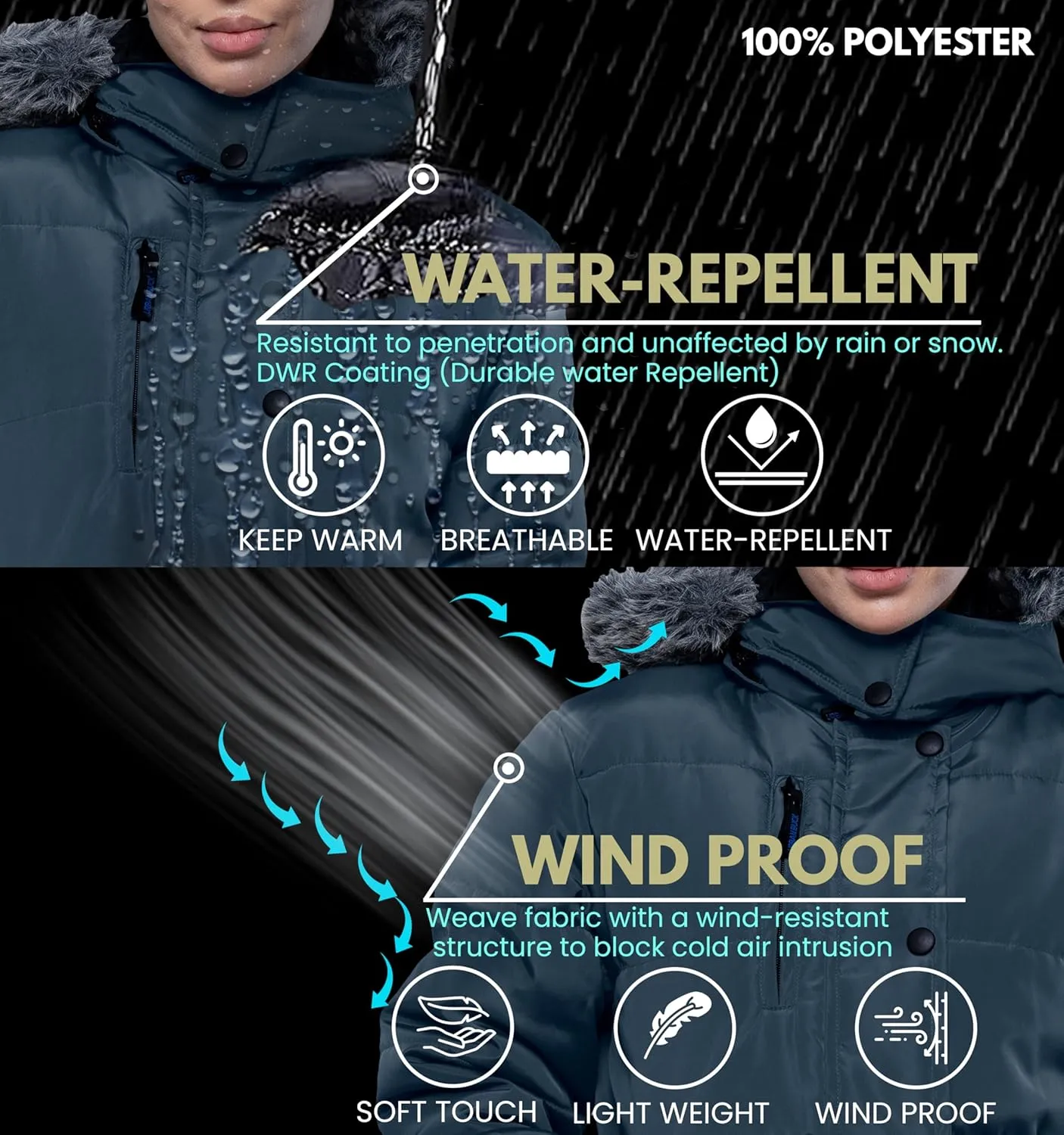 URBAN BUCK Puffer Jackets for Women Faux Fur Trimmed Hood Windproof Midweight Leona Water Repellent Women Winter Camping Coat